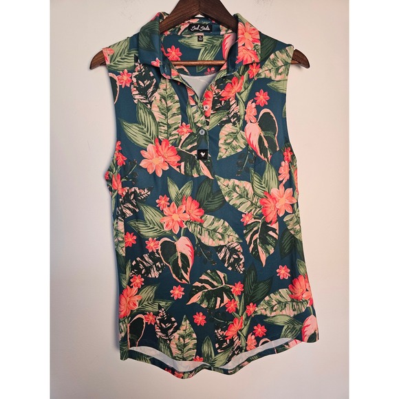 Bad Birdie Tops - Tropical Bad Birdie Sleeveless Golf Polo Women XL Teal Floral Botanical Stretch